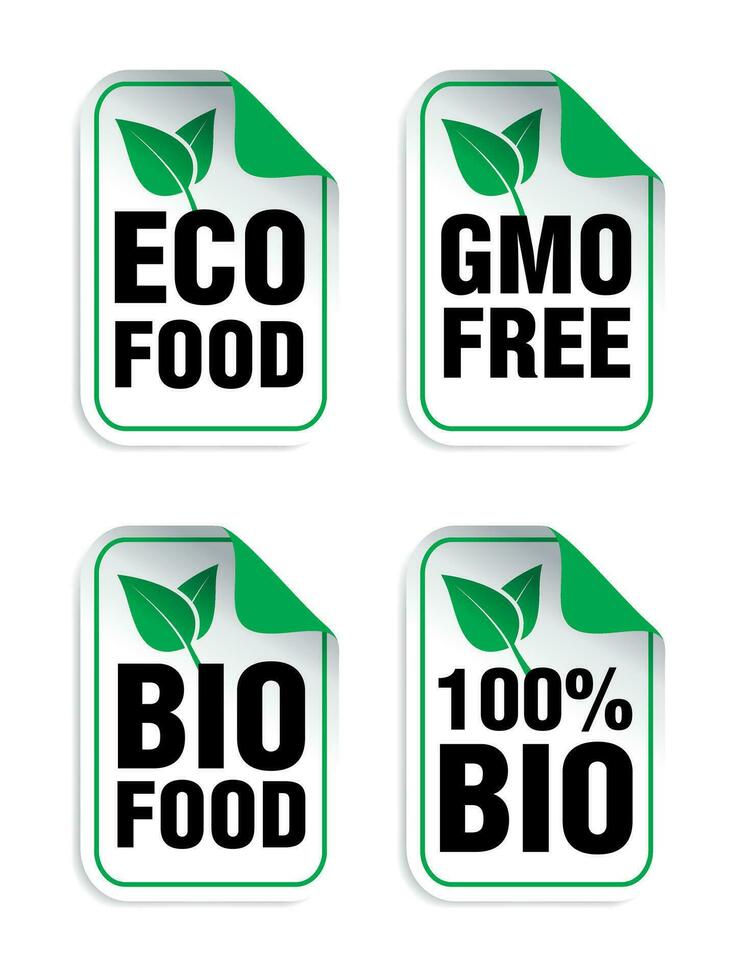 eco alimento, gmo gratis, bio alimento, 100 bio pegatinas conjunto vector