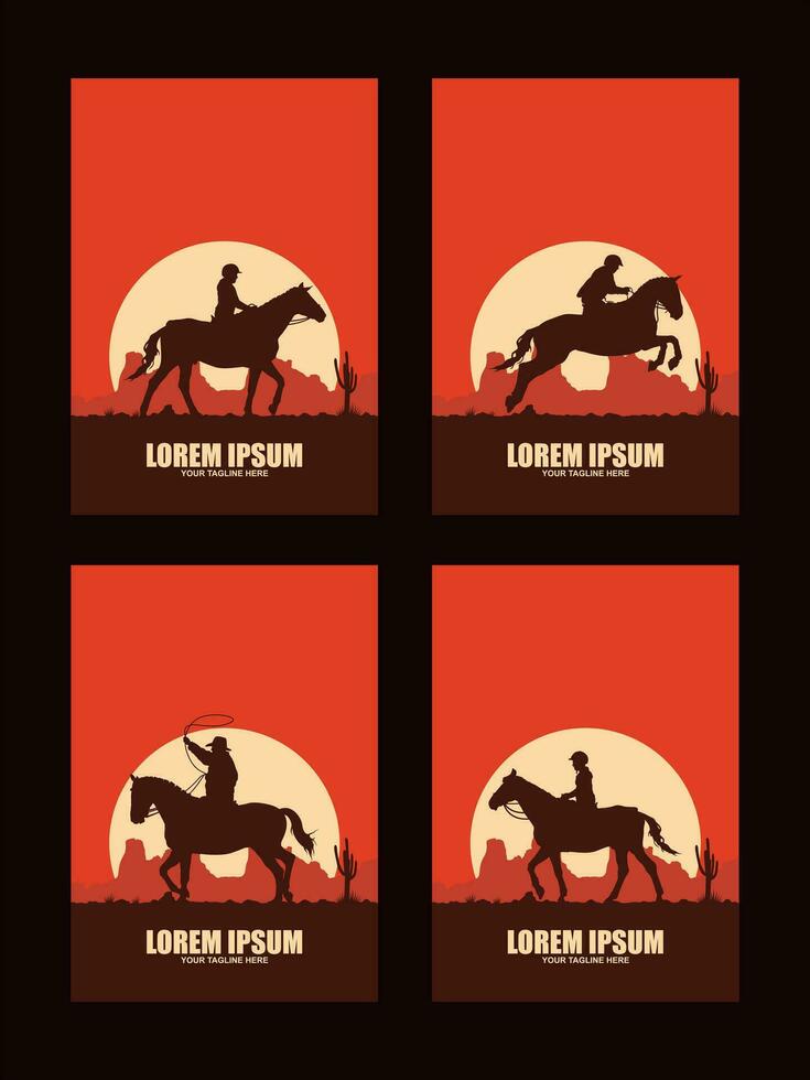 Set of American cowboy riding horse and throwing lasso vector