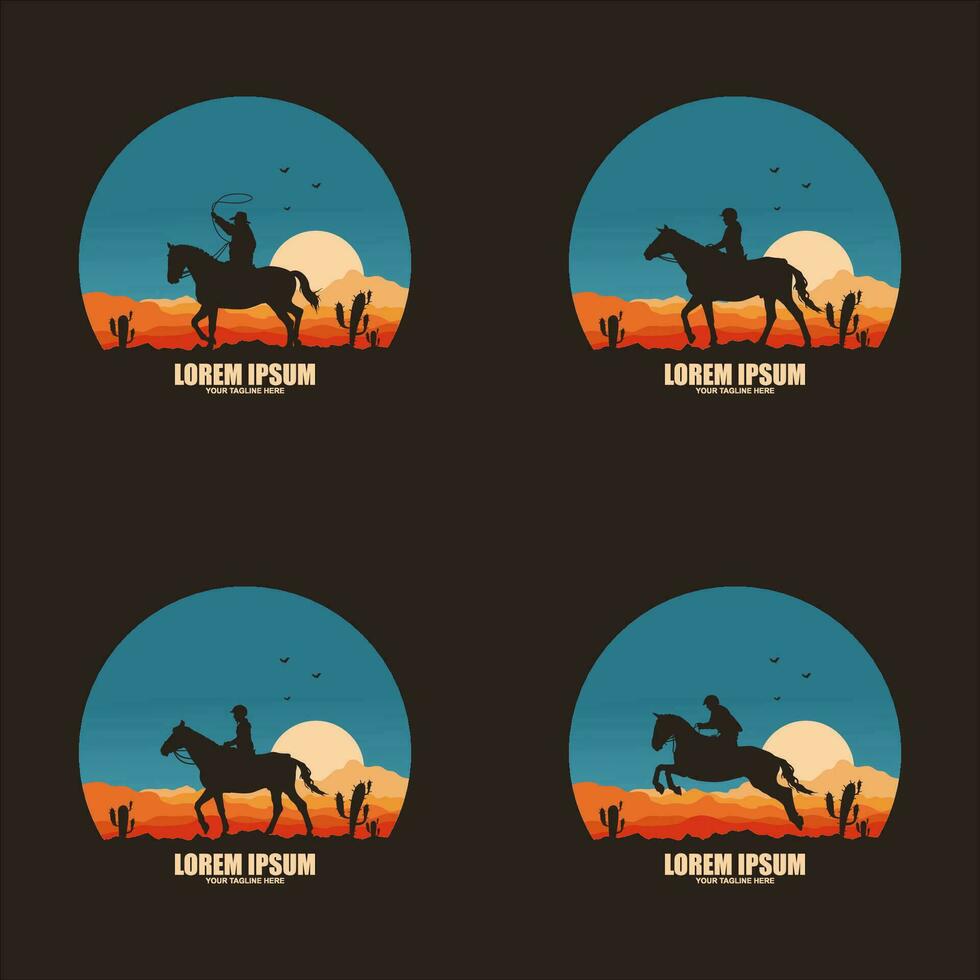 conjunto de Clásico retro Texas rodeo vaquero montando caballo logo vector