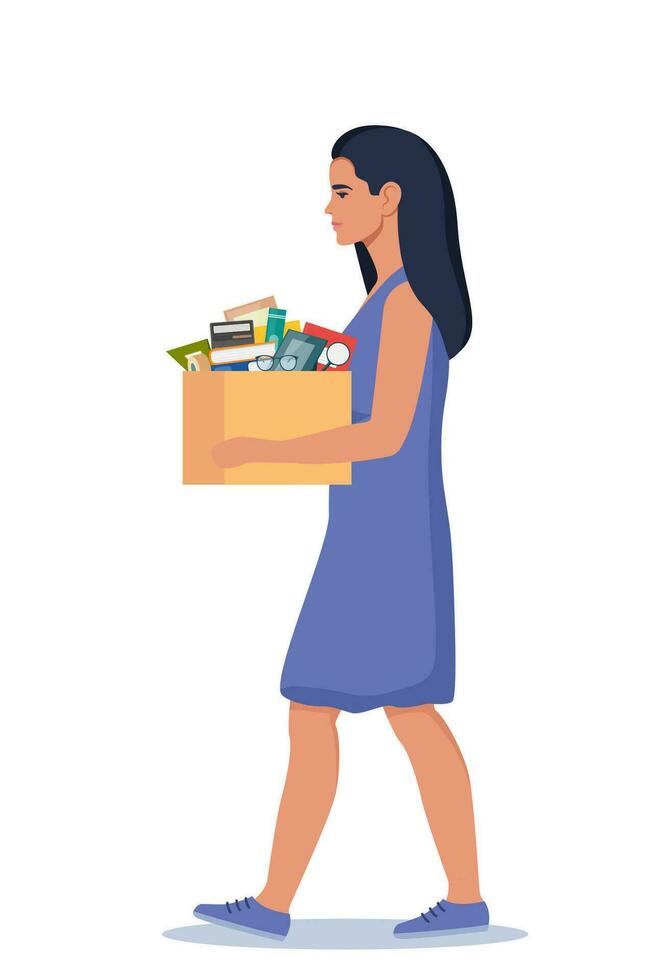 Dismissal, employee replacement. Unhappy woman dismissed from job, leave office with stuff in box. Unemployment dismissal of workers. Layoff, crisis. Vector illustration.