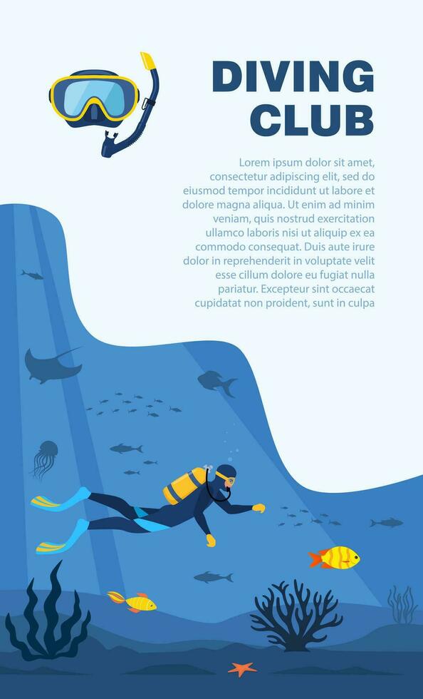 Diver with diving equipment swims in the sea. Seascape banner with man underwater. Character wearing wetsuit with oxygen tank and fins. Underwater world. Vector illustration.