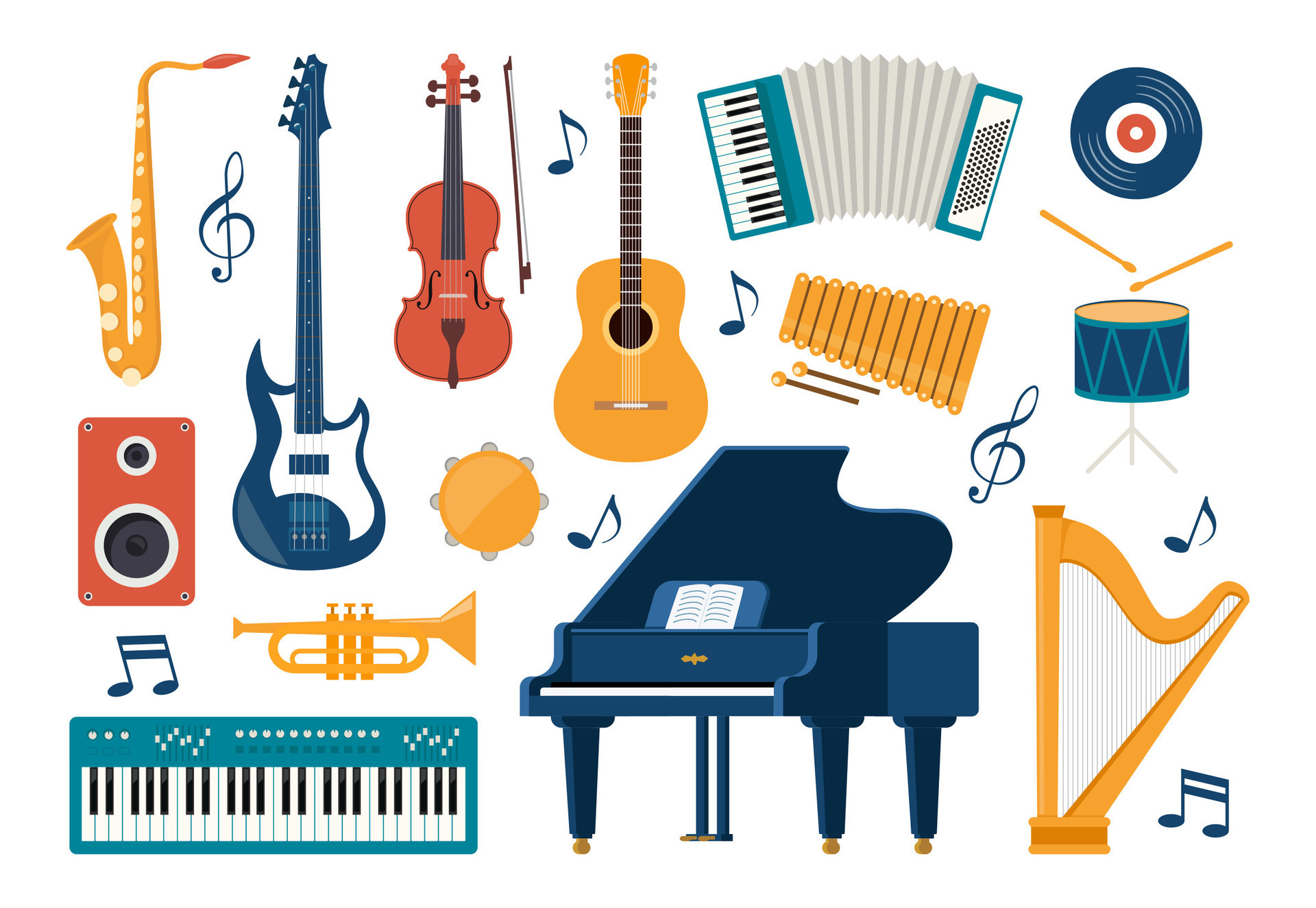 Musical instruments, set of icons. Guitar, synthesizer, violin, cello