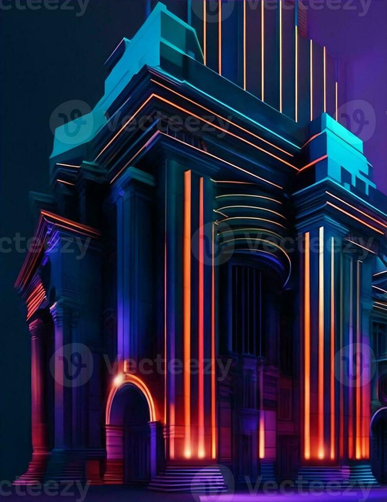 Vector architectural monument building with neon light by ai generated photo