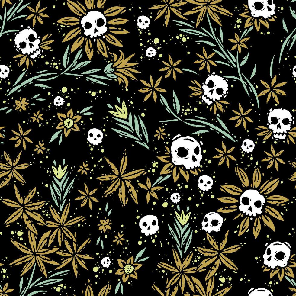 Vector editable pattern illustration of randomly scattered skulls and flowers in stripped style. Multicolored art for wallpapers, fabric prints, decoration and etc...