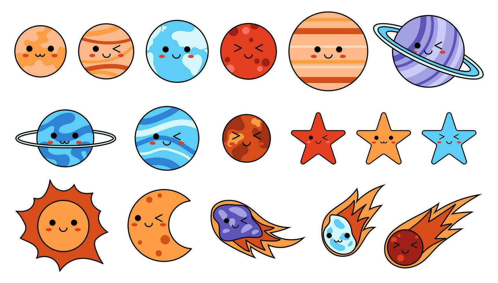 Kawaii cosmic elements isolated on a white background. Cute planets, asteroids, comet, stars, sun and moon. Vector illustration for children.