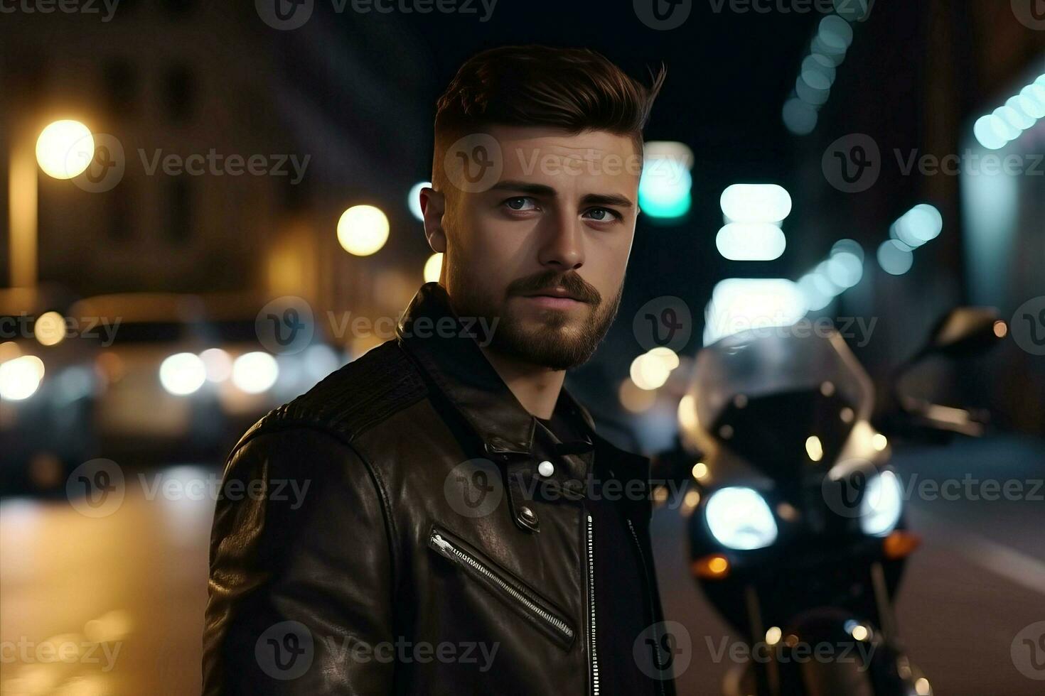 Biker leather jacket man. Generate Ai photo