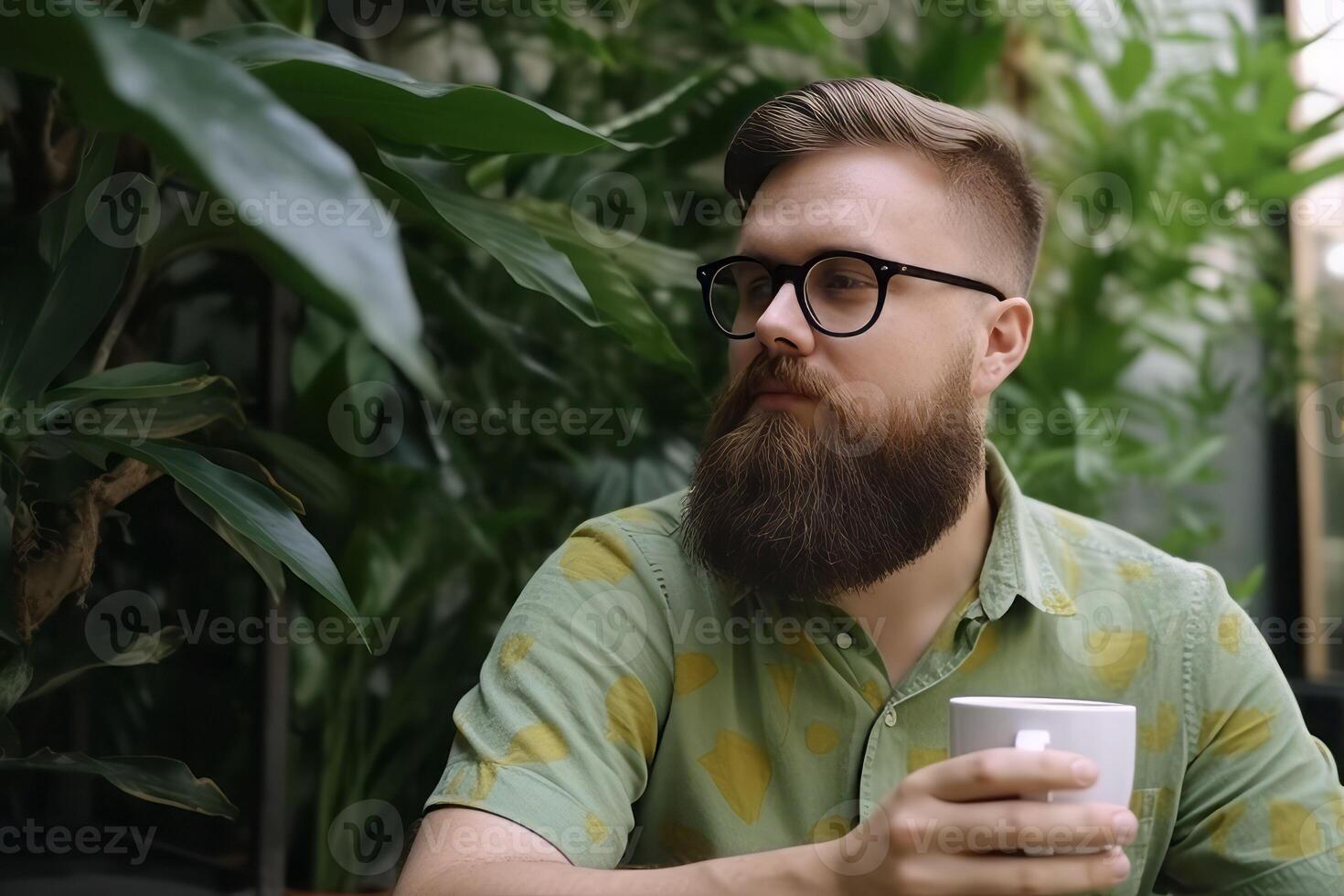 Man beard hipster in garden. Generate Ai photo