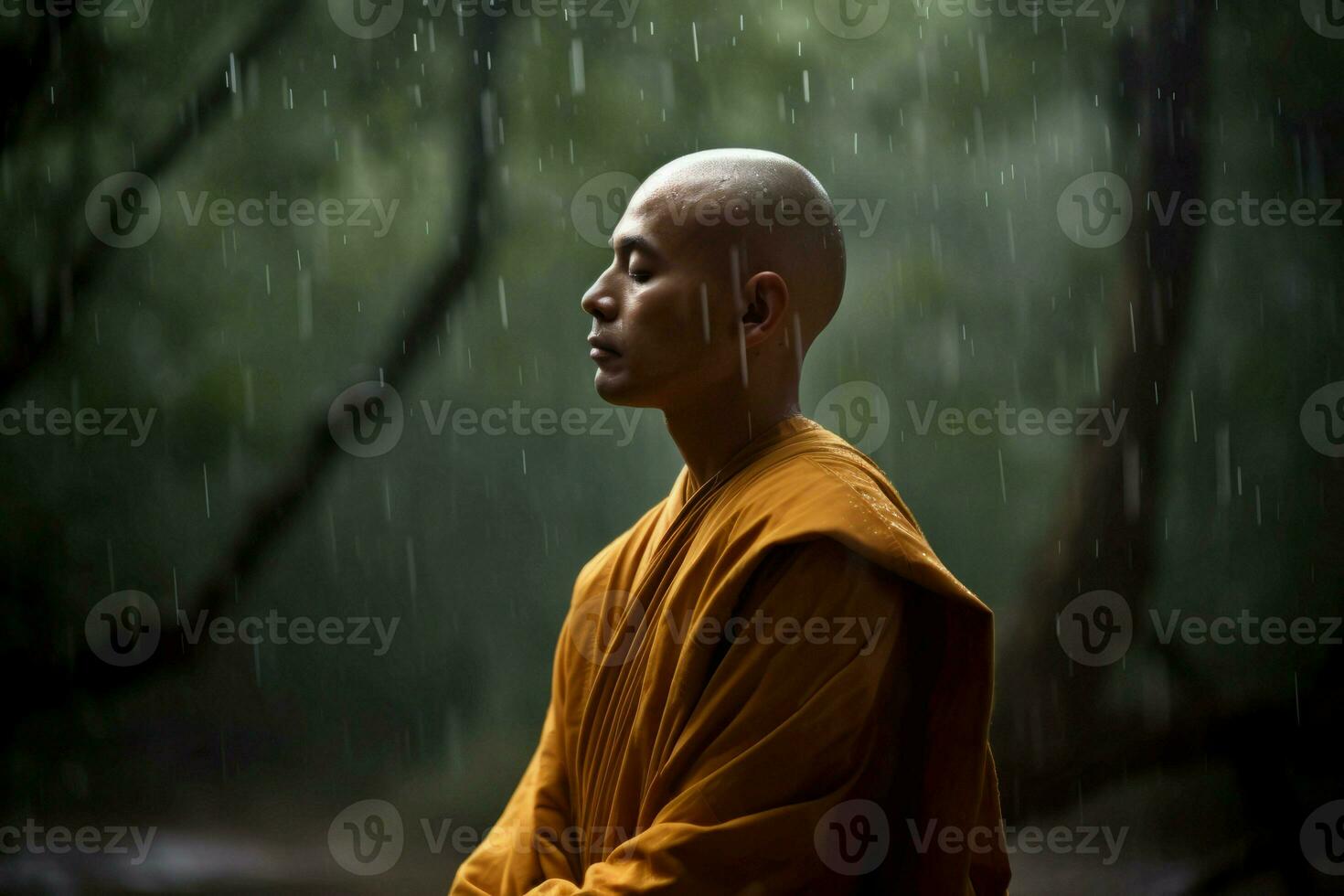 Monk meditation forest. Generate Ai photo