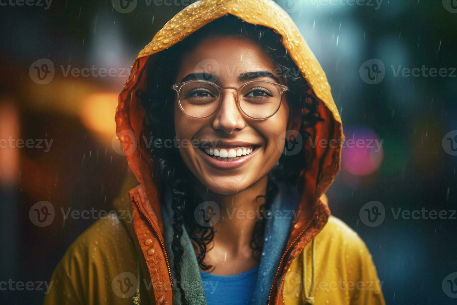 Smiling woman rain. Generate Ai photo