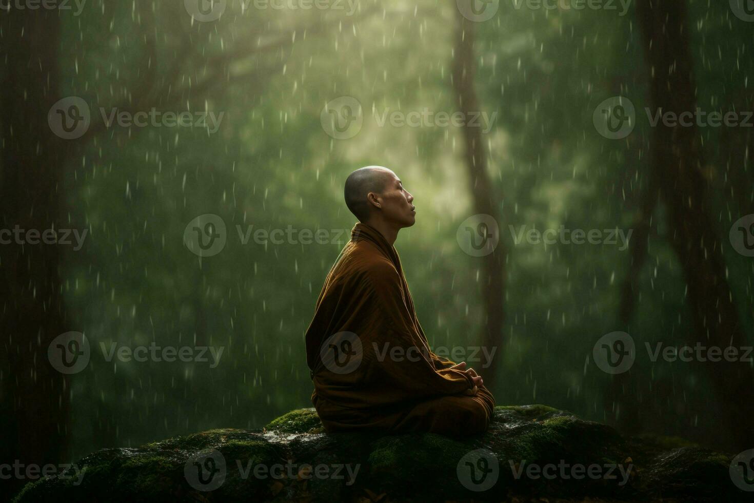 Monk meditation forest tree. Generate Ai photo