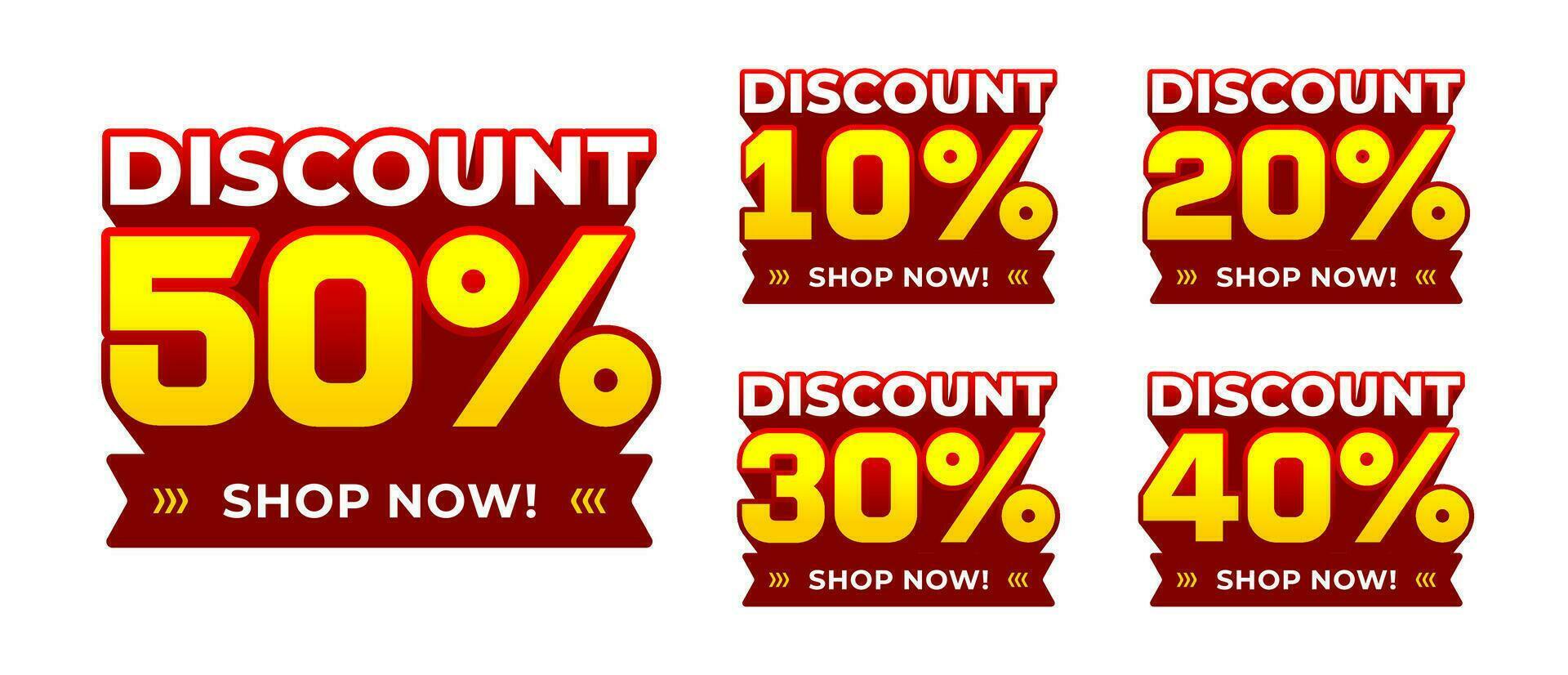 Discount 10, 20, 30, 40, 50 percent label with 3d extrude style effect font. for emblem, badge, banner, icon. Promotion design set vector illustration isolated on white background