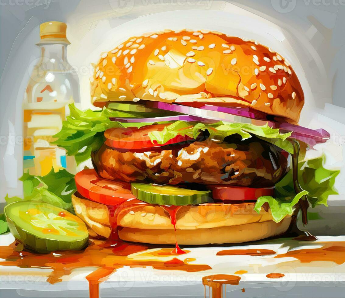 The perfect hamburger with cheese, bacon, pickles, tomato, onions and lettuce. Created with Generative AI photo