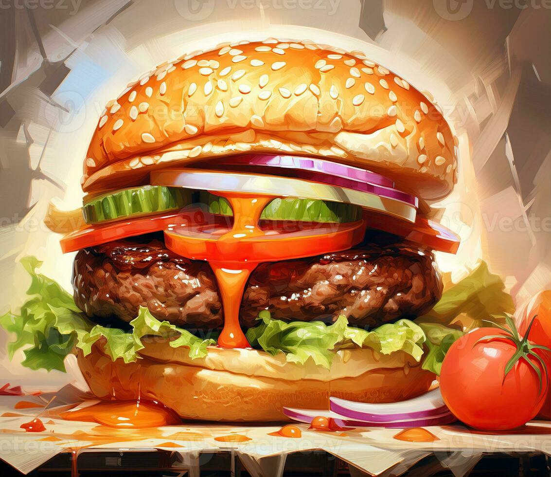The perfect hamburger with cheese, bacon, pickles, tomato, onions and lettuce. Created with Generative AI photo