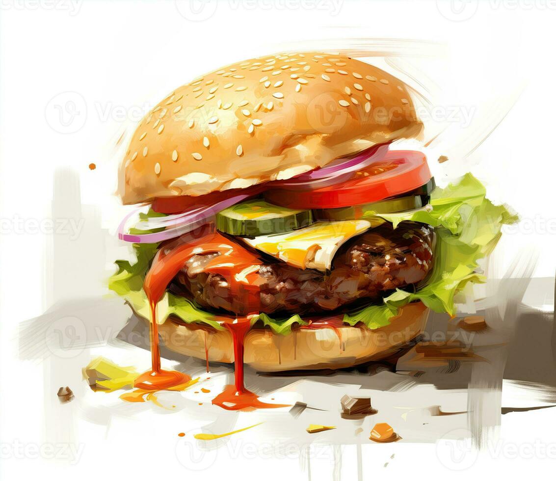 The perfect hamburger with cheese, bacon, pickles, tomato, onions and lettuce. Created with Generative AI photo