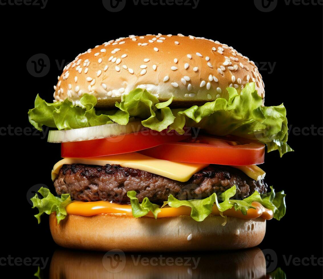 The perfect hamburger with cheese, bacon, pickles, tomato, onions and lettuce. Created with Generative AI photo