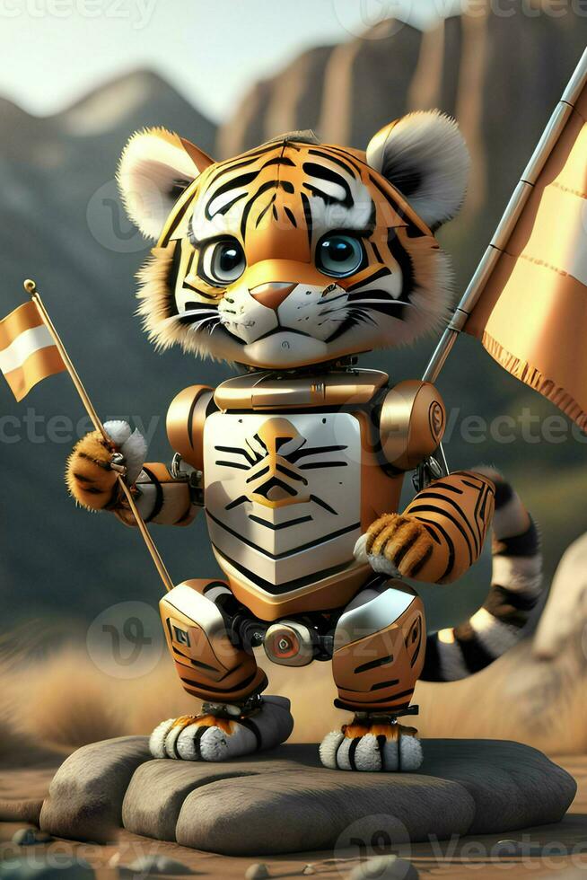 cute little tiger animal holding flag made by generative Ai technology photo