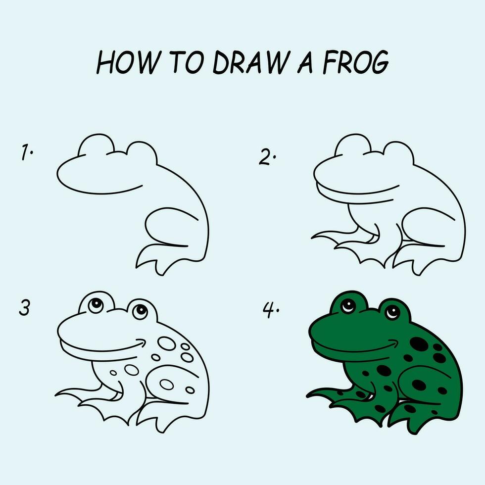 Step by step to draw a Frog. Drawing tutorial a Frog. Drawing lesson for children. Vector illustration