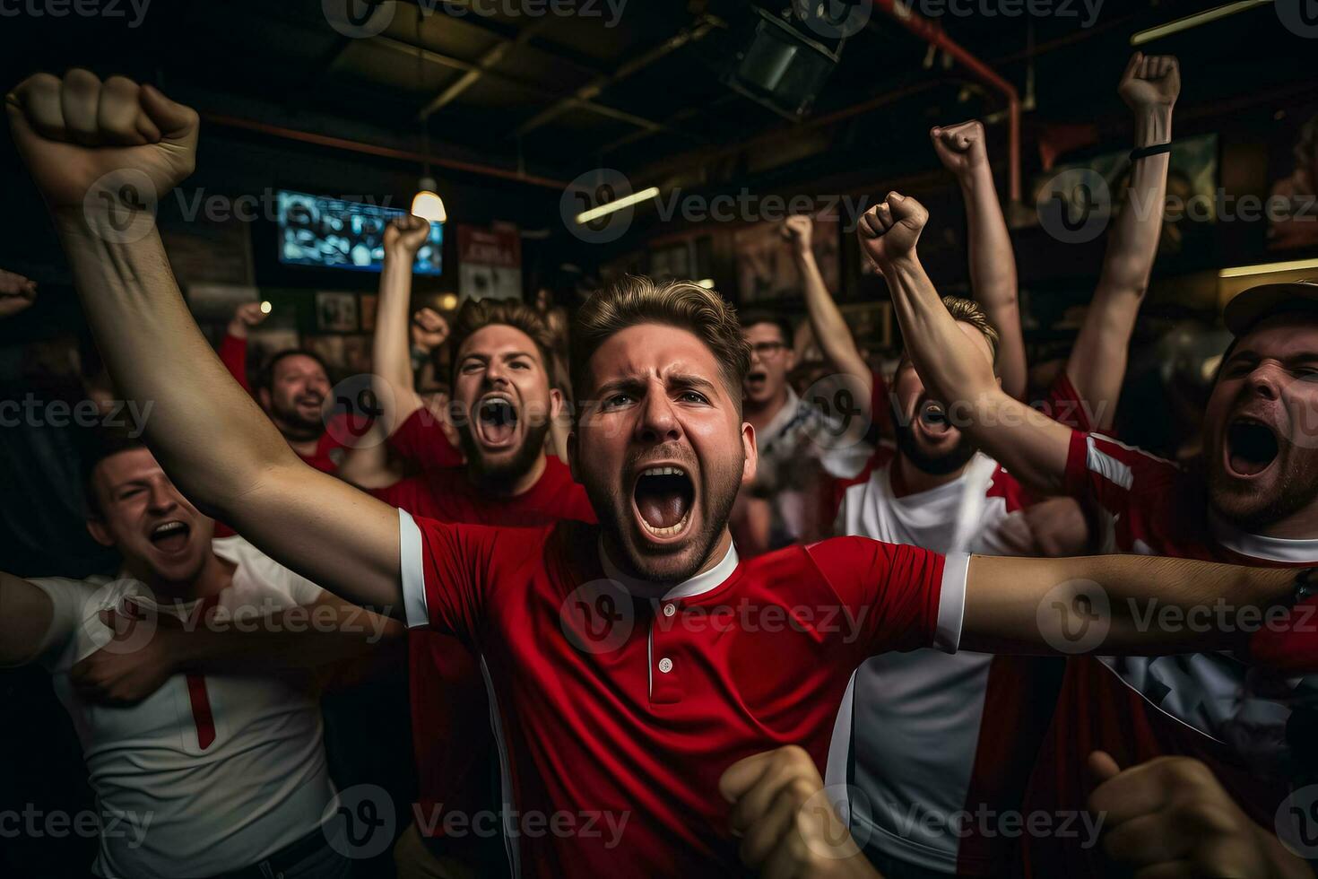 English football fans celebrating a victory photo