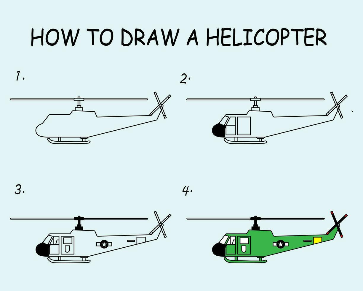 Step by step to draw a Helicopter. Drawing tutorial a Helicopter. Drawing lesson for children. Vector illustration