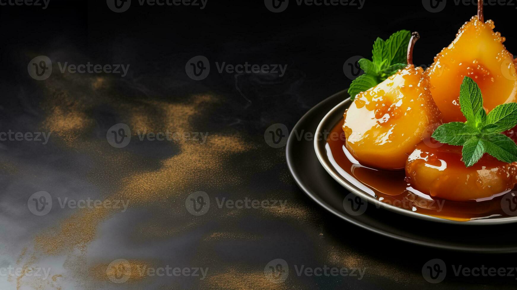 Caramelized pear dessert background with empty space for text photo