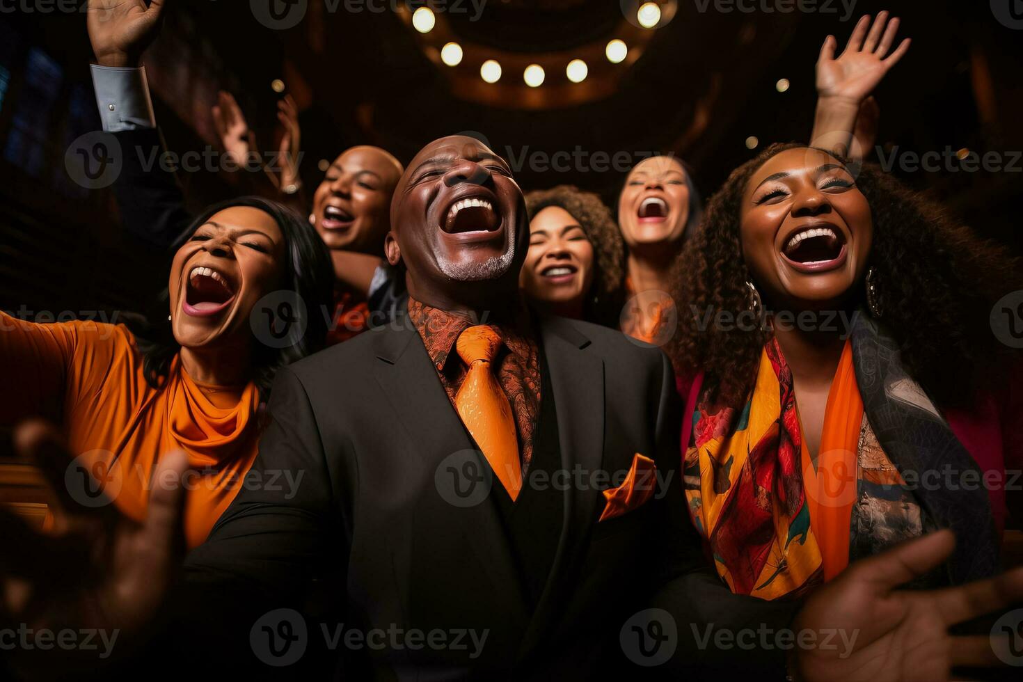 Ensemble of Christian gospel singers raising praise photo