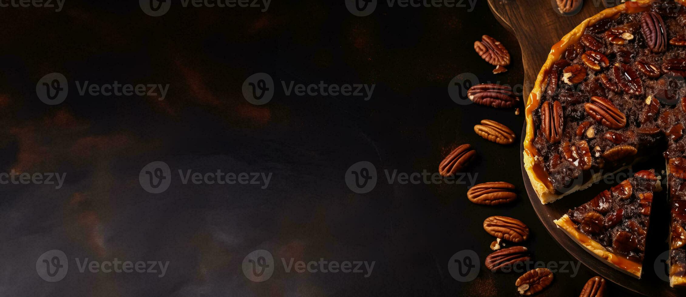 Pecan pie slices background with empty space for text photo