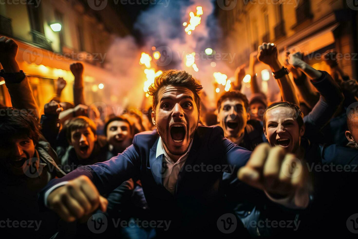 French football fans celebrating a victory photo