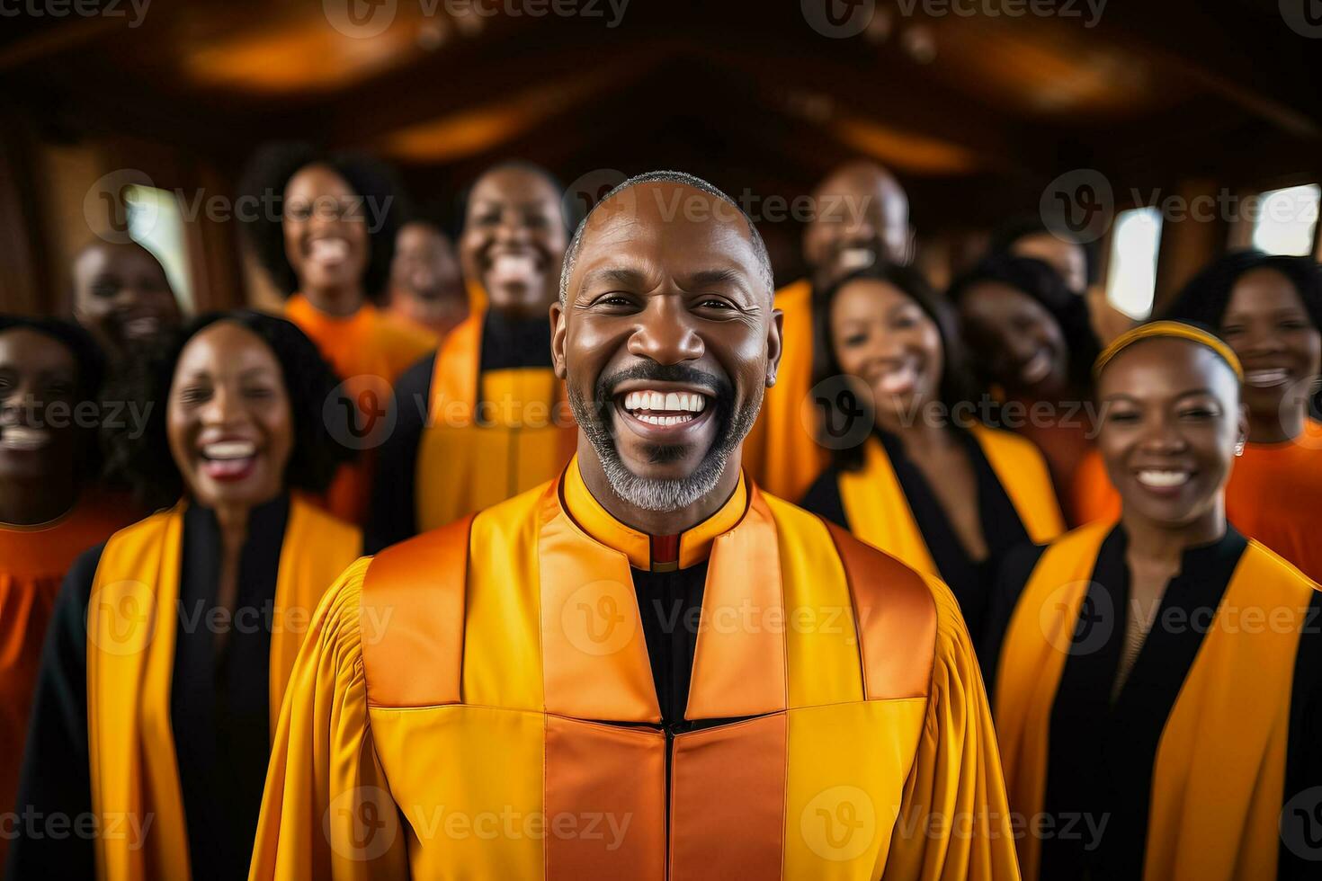 Ensemble of Christian gospel singers raising praise to Lord Jesus Christ photo