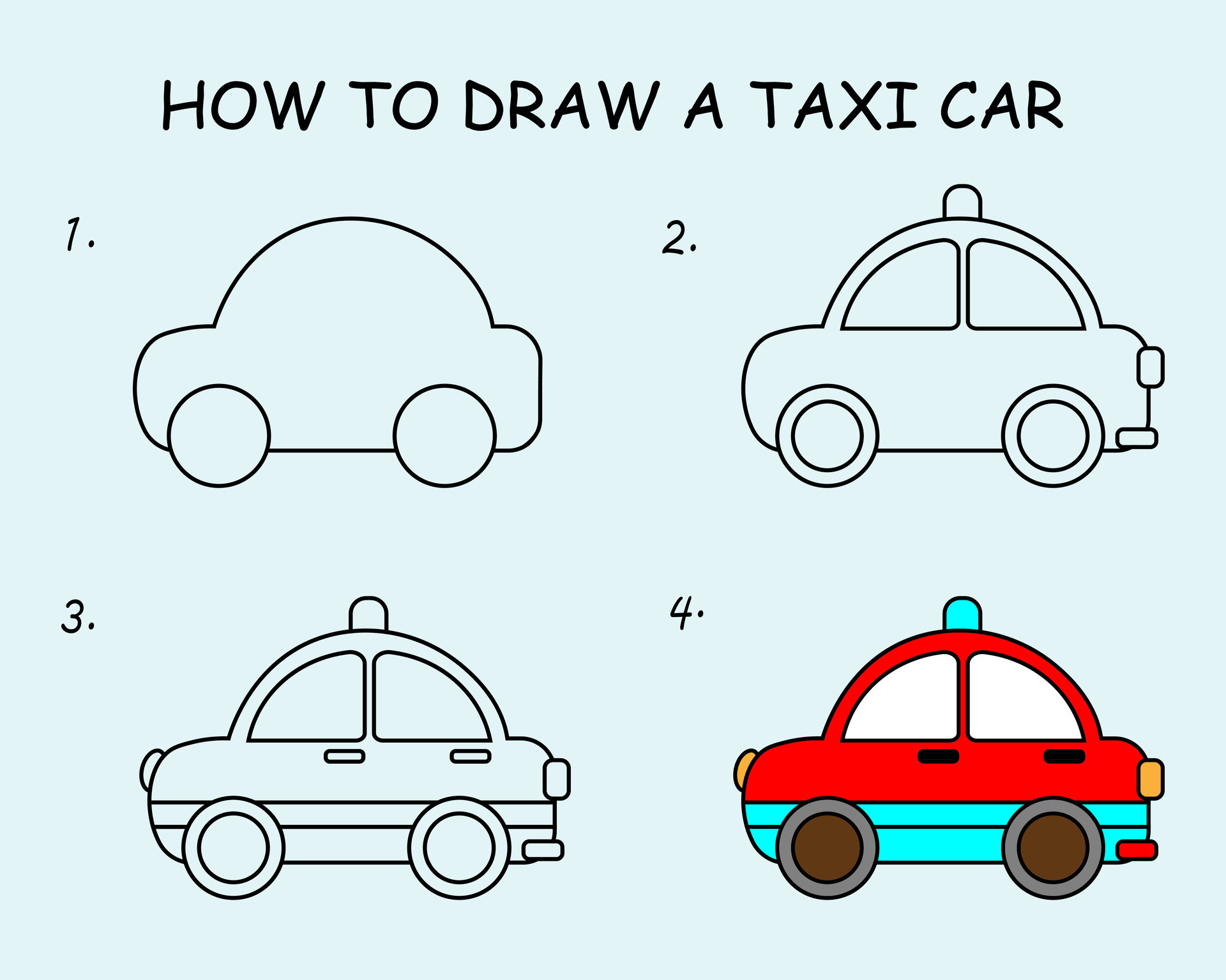 Drawing tutorial. How to draw taxi. Education and activity page for  preschool and school children. Kids worksheet. Step by step art lessons  with car. Vector illustration. 27929894 Vector Art at Vecteezy