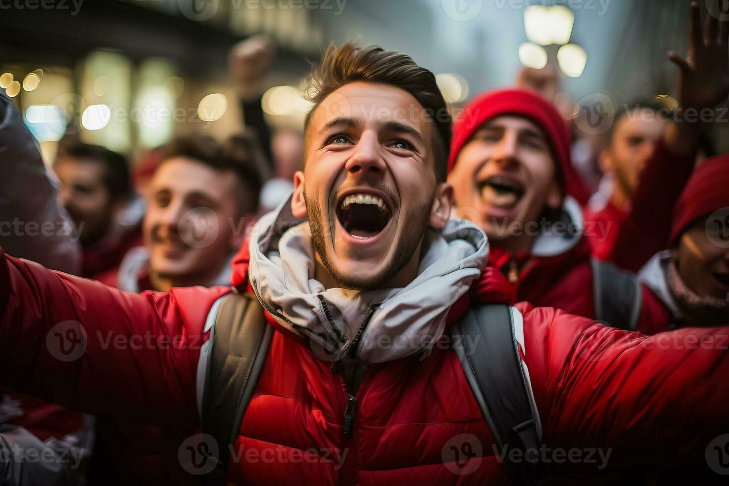 Polish football fans celebrating a victory photo