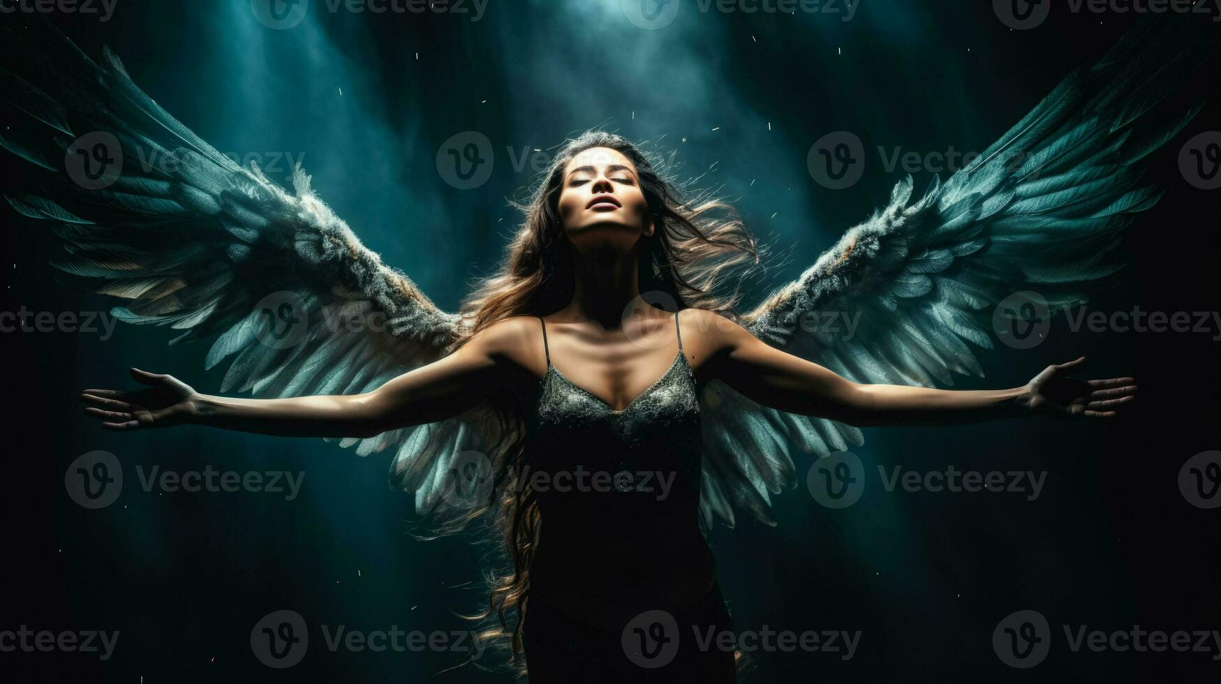 Mystic shocked flying woman beauty on dark background with a place for text photo