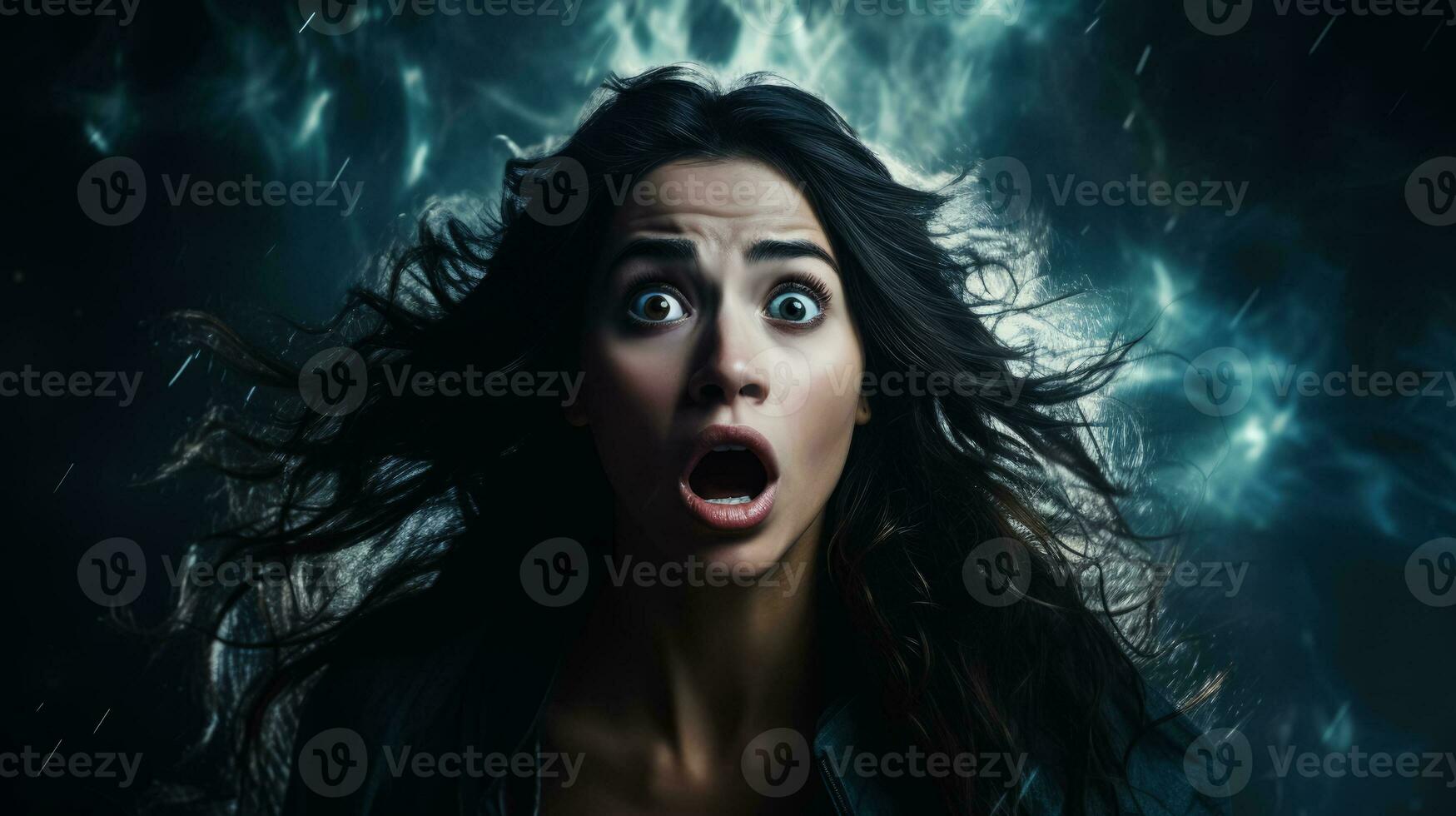 Mystic shocked flying woman face on dark background with a place for text photo