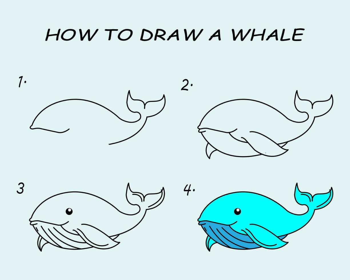 paso por paso a dibujar un ballena. dibujo tutorial un ballena. dibujo lección para niños. vector ilustración