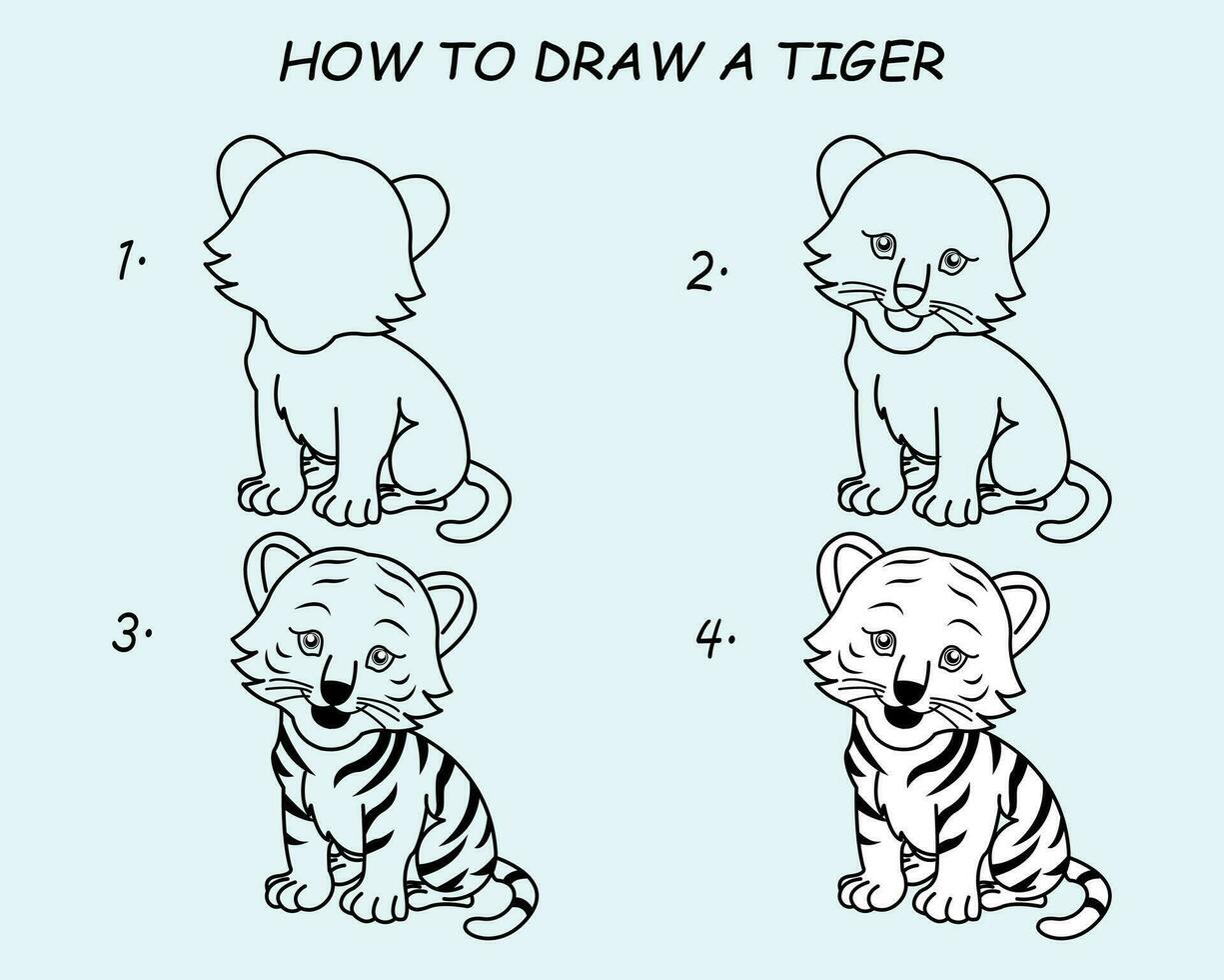 Step by step to draw a Tiger. Drawing tutorial a Tiger. Drawing lesson for children. Vector illustration