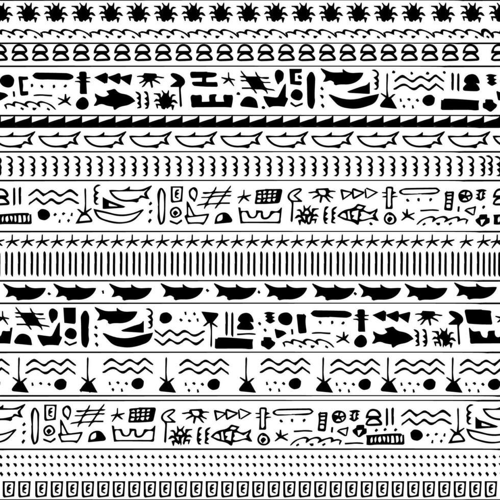 elegante inspirado en egipto vector ilustración con monocromo patrones y intrincado jeroglífico motivos versátil para adulto ropa, cortinas, y cuadernos llamativo símbolos de pez, ondas, ballena