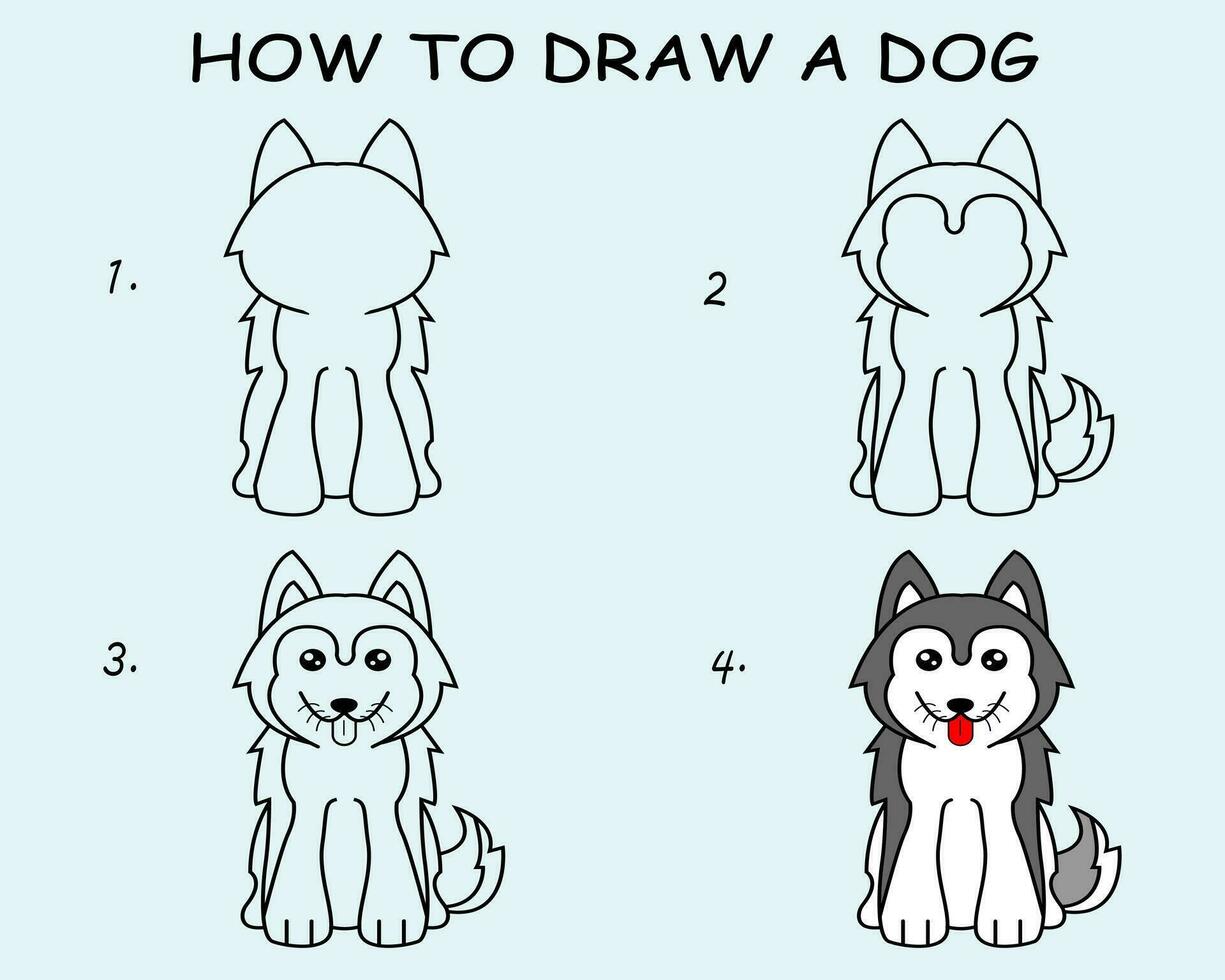 paso por paso a dibujar un perro. dibujo tutorial un perro. dibujo lección para niños. vector ilustración.