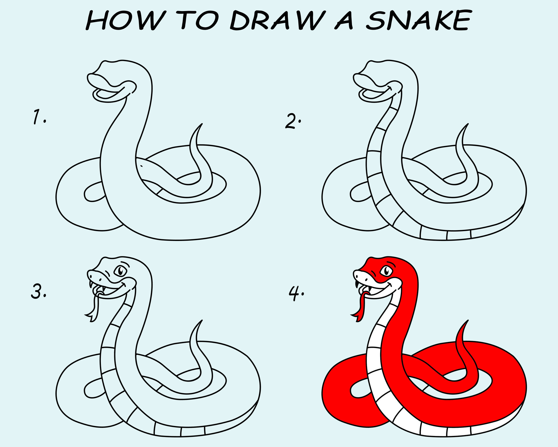 Step by step to draw a Snake. Drawing tutorial a Snake. Drawing lesson ...