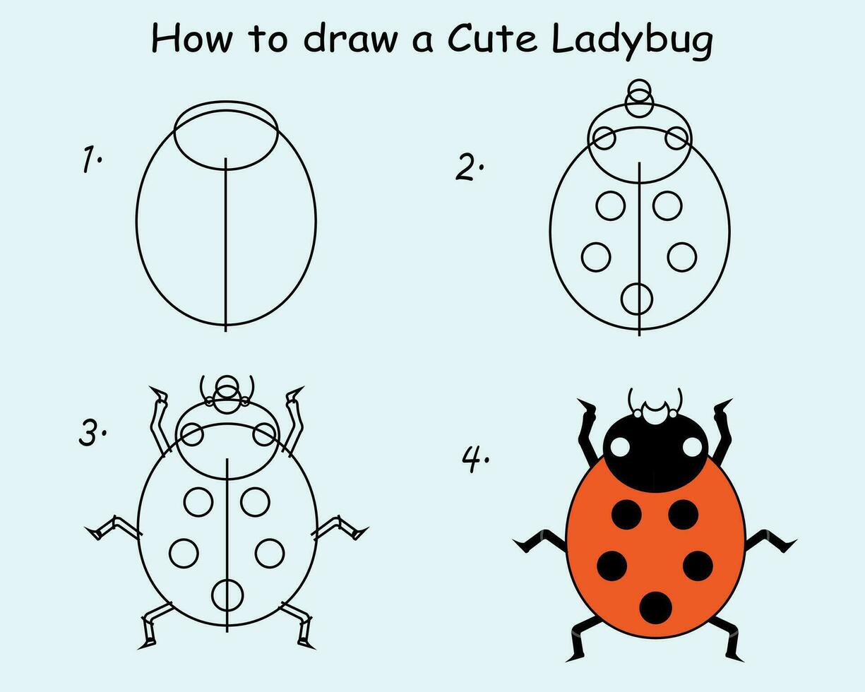 Step to step draw a Cute Ladybug. Good for drawing child kid illustration. Vector illustration