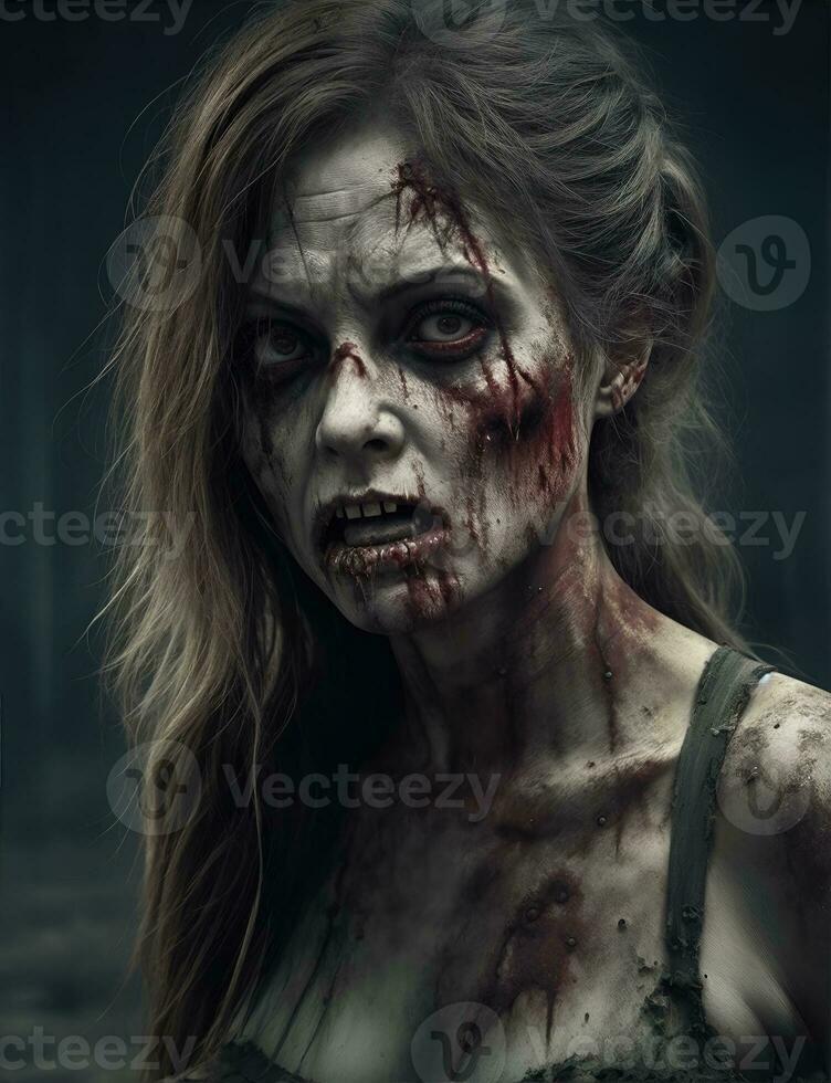 Scarry zombie with bloody face outdoors, closeup. Halloween monster photo