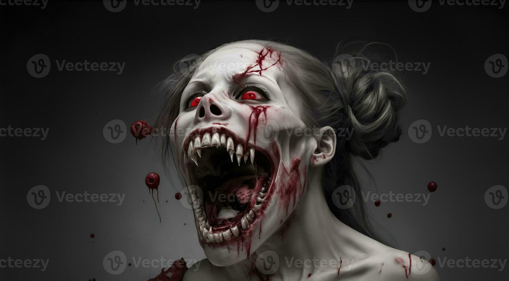 Scarry zombie with bloody face outdoors, closeup. Halloween monster photo