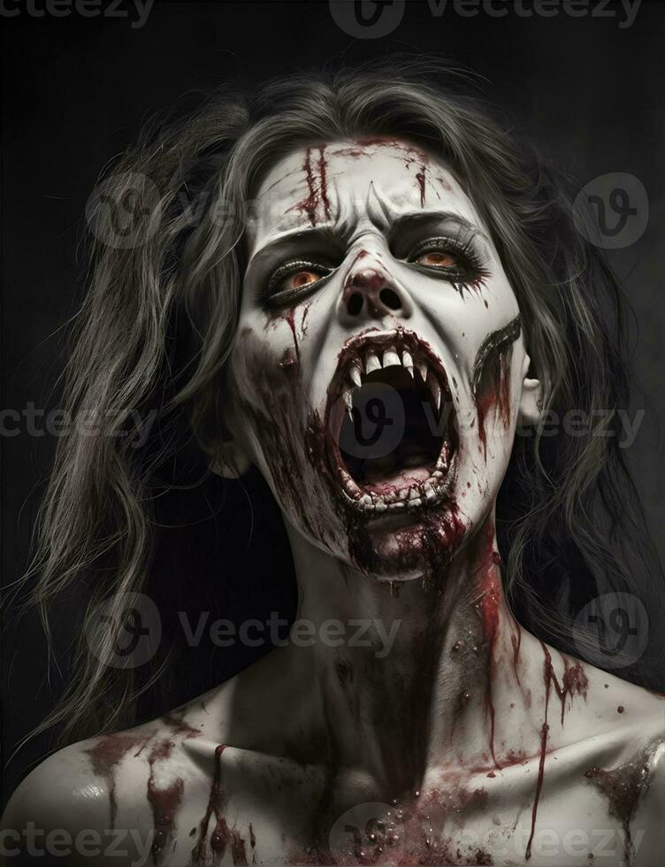 Scarry zombie with bloody face outdoors, closeup. Halloween monster photo