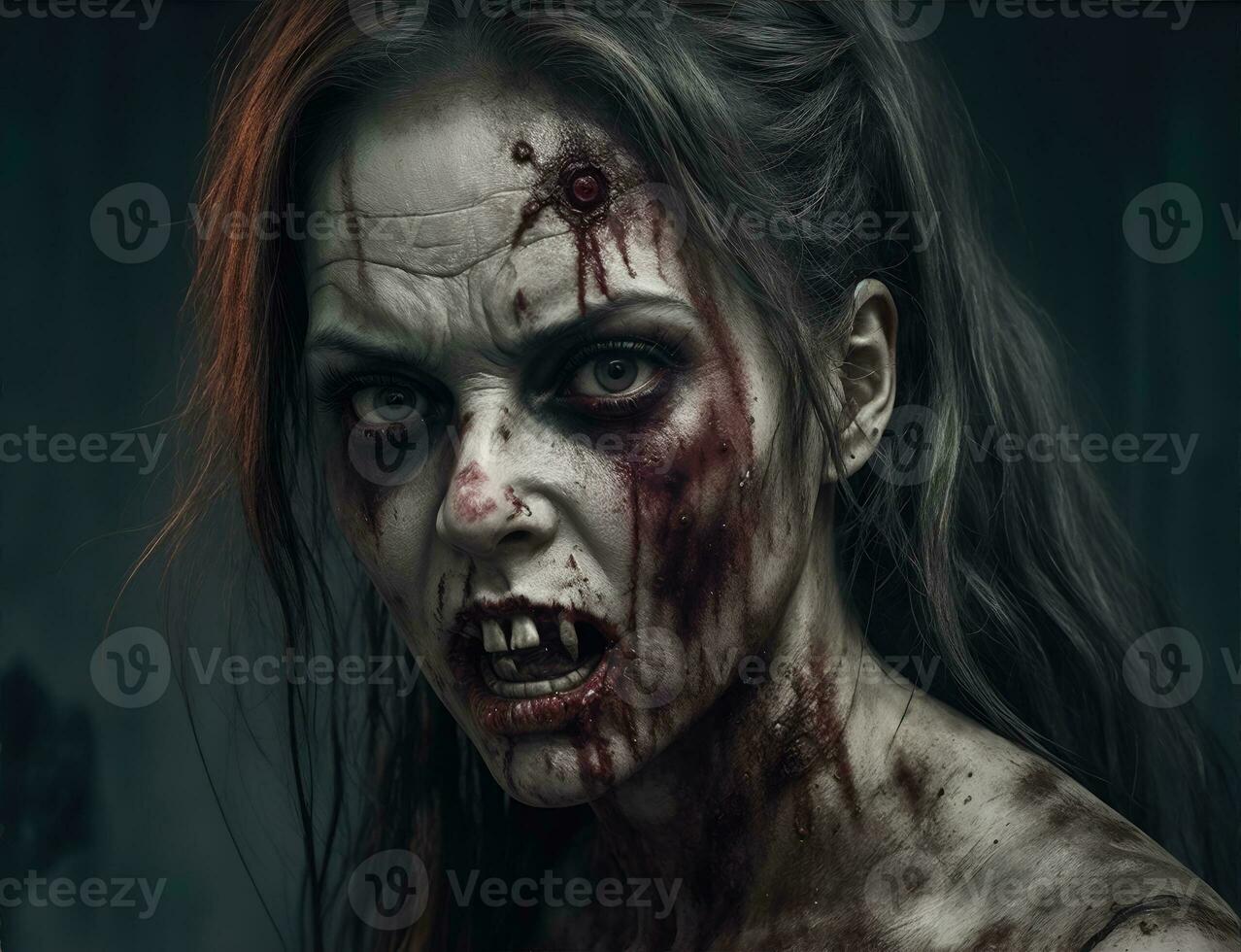 Scarry zombie with bloody face outdoors, closeup. Halloween monster photo