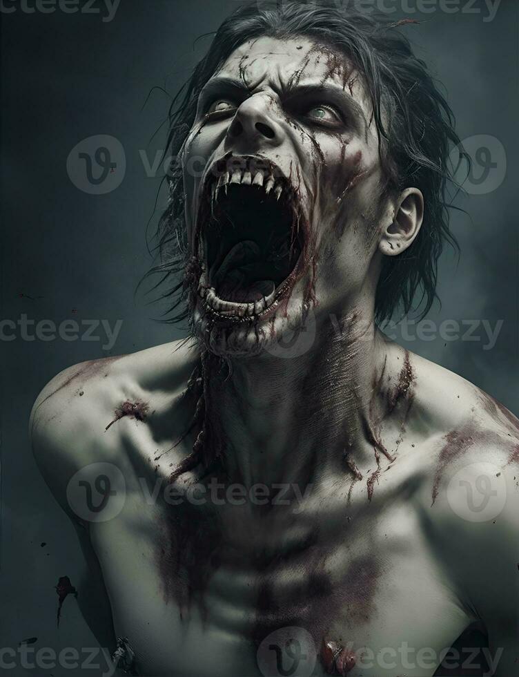Scarry zombie with bloody face outdoors, closeup. Halloween monster photo
