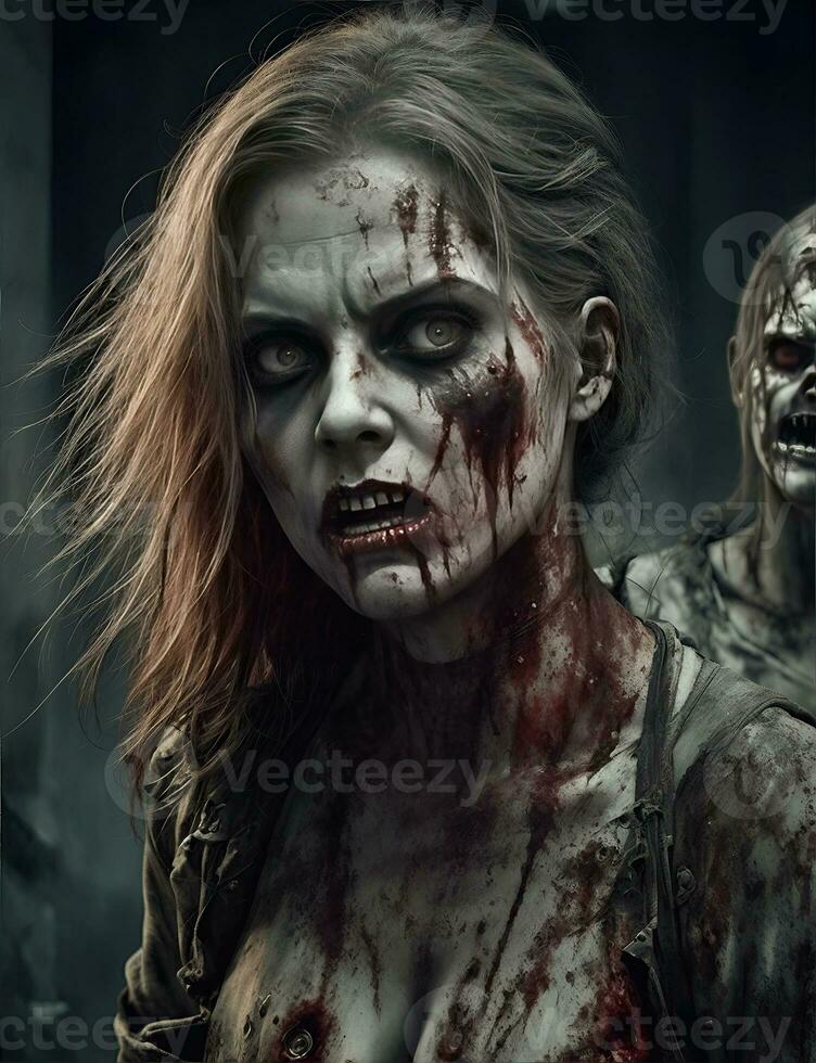 Scarry zombie with bloody face outdoors, closeup. Halloween monster photo