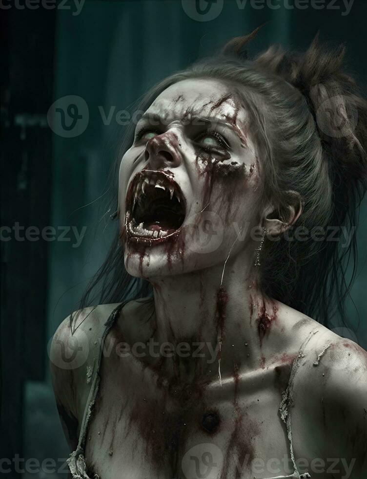 Scarry zombie with bloody face outdoors, closeup. Halloween monster photo