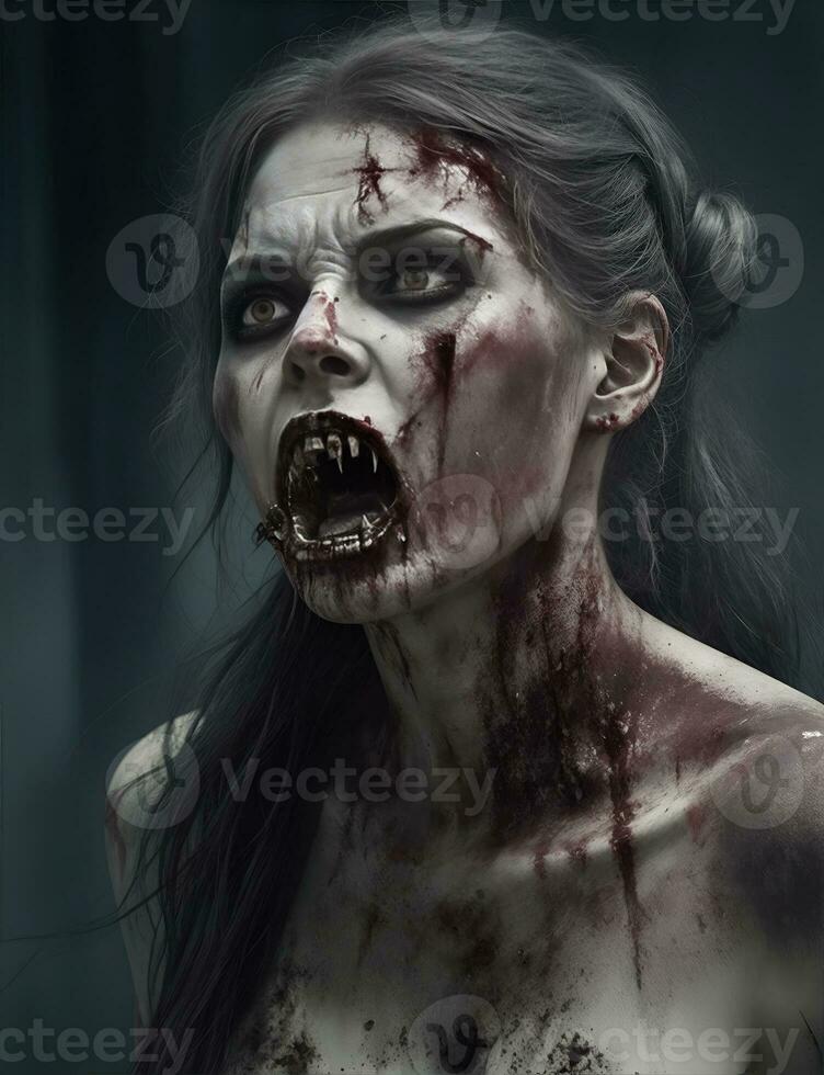 Scarry zombie with bloody face outdoors, closeup. Halloween monster photo