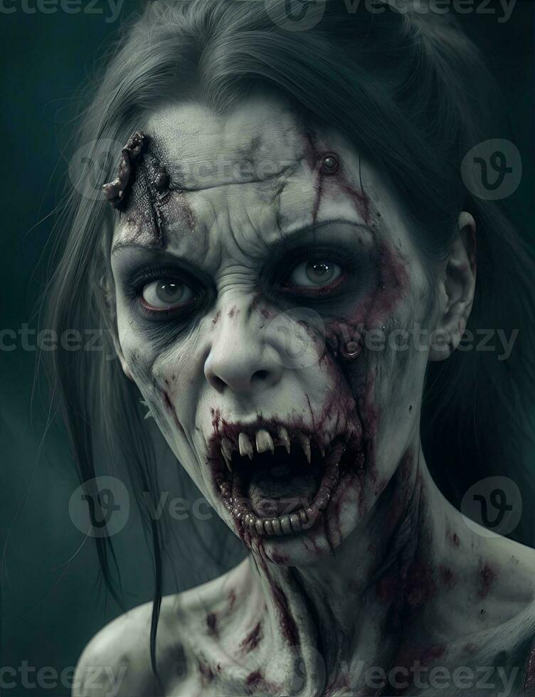 Scarry zombie with bloody face outdoors, closeup. Halloween monster photo