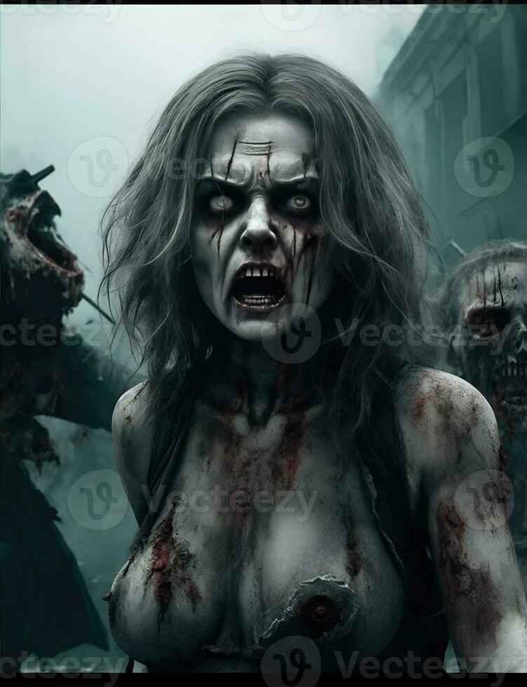 Scarry zombie with bloody face outdoors, closeup. Halloween monster photo