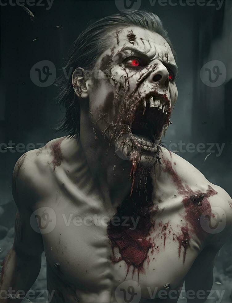 Scarry zombie with bloody face outdoors, closeup. Halloween monster photo