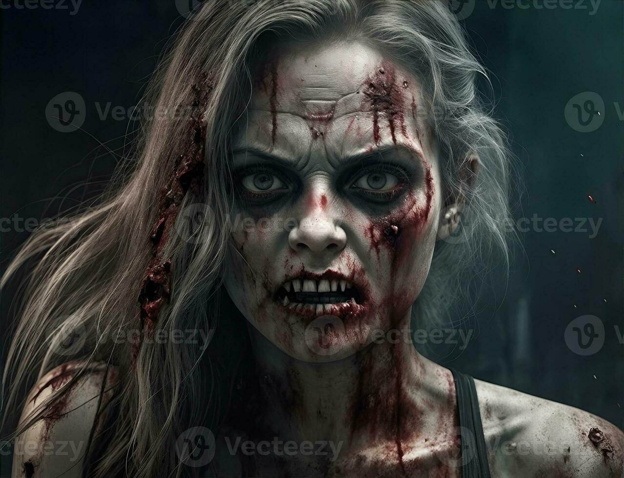 Scarry zombie with bloody face outdoors, closeup. Halloween monster photo